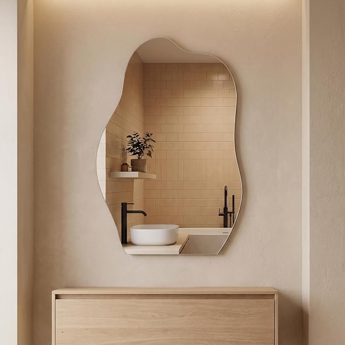 BEAUTYPEAK Asymmetrical Mirror, 26 x 40 Inches Irregular Wall Mirror, Wood Frame Unique Shape Wall Mounted, Decorative for Living Room Bedroom Entryway Hallway