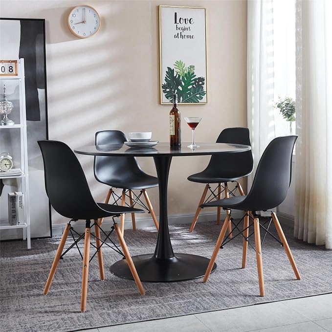 5-Piece Round Dining Table Set,42" Mid-Century Modern Kitchen Table with 4 Chairs,Tulip Pedestal Table & Solid Wood Legs,Space Saving Compact Furniture for Small Spaces Apartment Home,Black