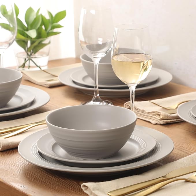 Gibson Elite Soleil 12 Piece Chateau Grey Stoneware Dinnerware Set for 4, Plates and Bowls Set with Dinner Plates, Salad Plates and Bowls
