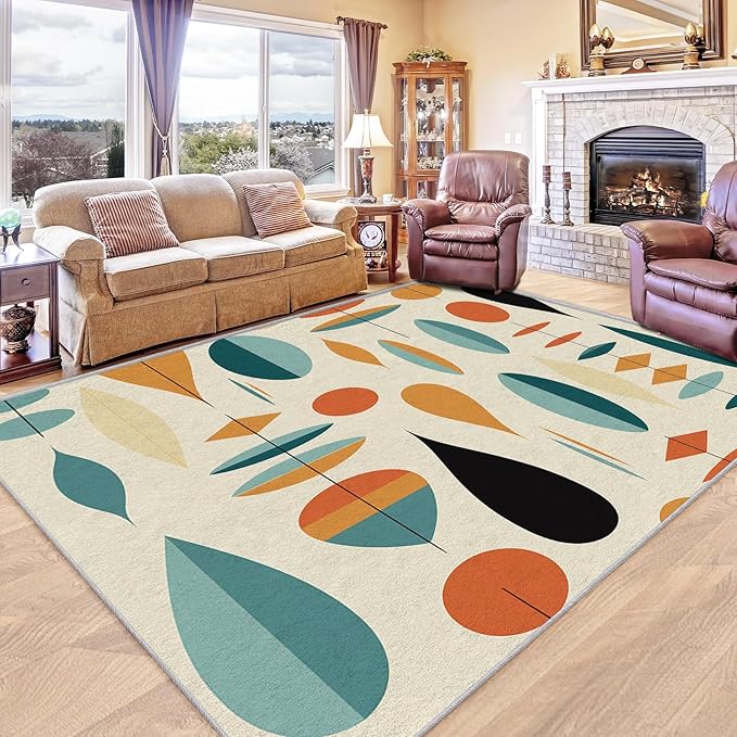Mid Century Modern Rug 8x12, Washable Geometric Rugs for Living Room Bedroom, Retro Area Rug for Home Decor, Non Slip Backing Floor Carpet with Gripper - 8 x 12 ft