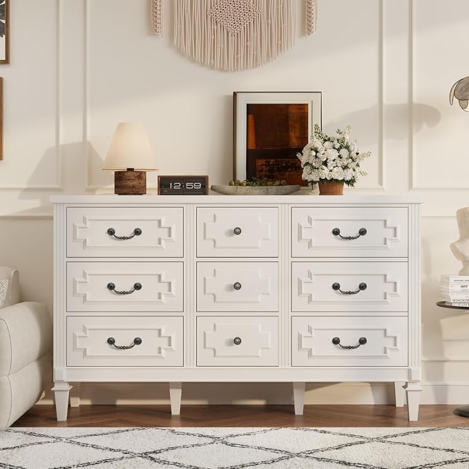 BLANKSPACE 9 Drawer Dresser for Bedroom, 35.7" Tall Dresser & Chest of Drawers wtih Vintage Surface, Closet Storage Cabinet for Living Room, Hallway, White