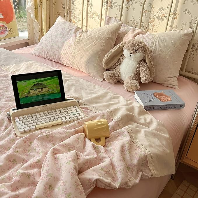 LifeTB Pink Floral Duvet Cover Twin Romantic Lace Bedding Set Garden Style Cottagecore Flower Duvet Cover with Zipper Closure Soft Washed Microfiber Botanical Comforter Cover for Teen Girls
