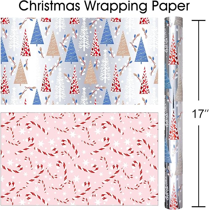 MAYPLUSS Christmas Wrapping Paper Roll - 17IN X 33FT - Silver Gift Wrapping Paper Featuring Triangle Christmas Tree Against Silver Reversible Candy Cane for Kids, Holiday, New Year