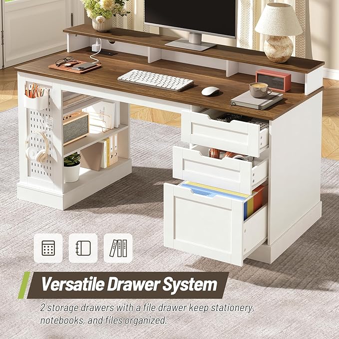 55inch Farmhouse Executive Desk with 2 Drawers and File Cabinet, Computer Desk with 3-Tier Storage Shelves, Home Office Desk with Charging Station, Pegboard and Monitor Shelf, White and Walnut