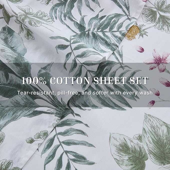 100% Cotton Sheet Set Queen Size – 4-Piece Vintage Sage Green Floral Bedding Set, Soft Breathable Percale Weave, Deep Pocket Fitted Sheet 17.5", Crisp Cool Feel, Refined Botanical Elegance
