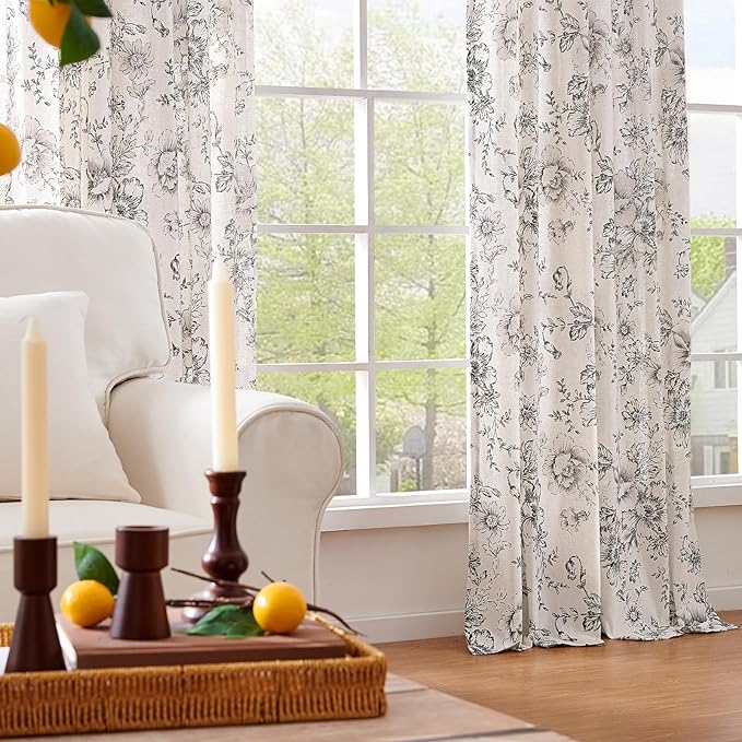 jinchan Linen Blend Curtain Floral Curtains for Living Room 84 Inch Length Farmhouse Curtain Rod Pocket Back Tab Black Printed Peony Flower Patterned Drapes Bedroom Window Curtains Set 2 Panels