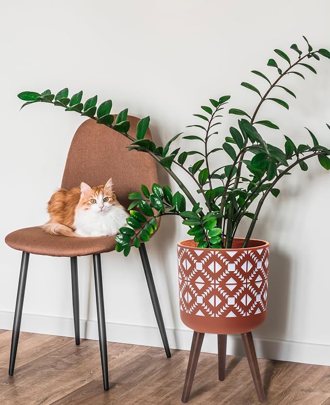 D'vine Dev 12 Inch Planter Pot with Stand, Mid-Century Tall Plant Pot with Legs for Indoor Plants, Pottery Red Terracotta/White, 88-G-C-5