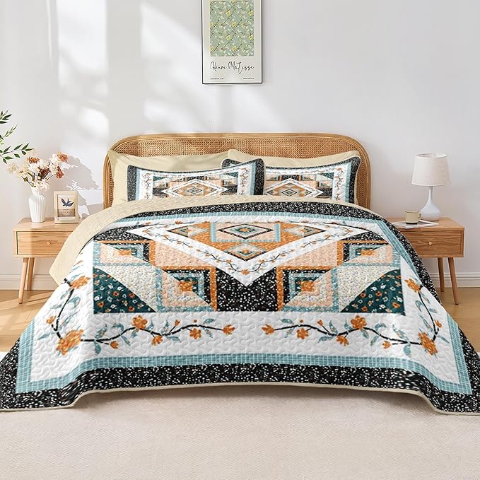 Quilt Set Full/Queen Size, Farmhouse Floral 3 Pcs Soft Bed Cover Bedding Set, Boho Rustic Geometric Lightweight Bedspread Coverlet with 2 Pillow Sham for All Season