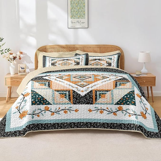 Quilt Set Full/Queen Size, Farmhouse Floral 3 Pcs Soft Bed Cover Bedding Set, Boho Rustic Geometric Lightweight Bedspread Coverlet with 2 Pillow Sham for All Season