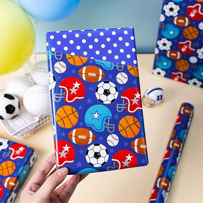 Homeral Football Reversible Wrapping Paper Roll - Mini Roll -17 Inch x 16.5 Feet, Sport Theme Gift Wrap for Boys Birthday, holiday, Game Lovers