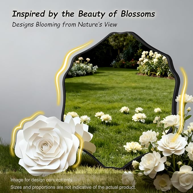 Irregular Hexagon Wall Mirror with Wavy Edge, Modern Decorative Mirror for Bathroom, Bedroom, Living Room, Frameless Vanity Mirror