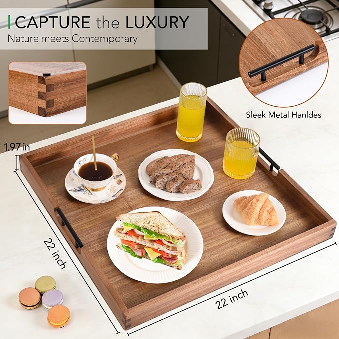 Joy&Grace Ottoman Tray for Living Room Large Acacia Wooden Serving Tray with Handles for Coffee Table, Breakfast in Bed, Food Dinner, Decorative Tray (Color Natural, 22" x 22" x 2")