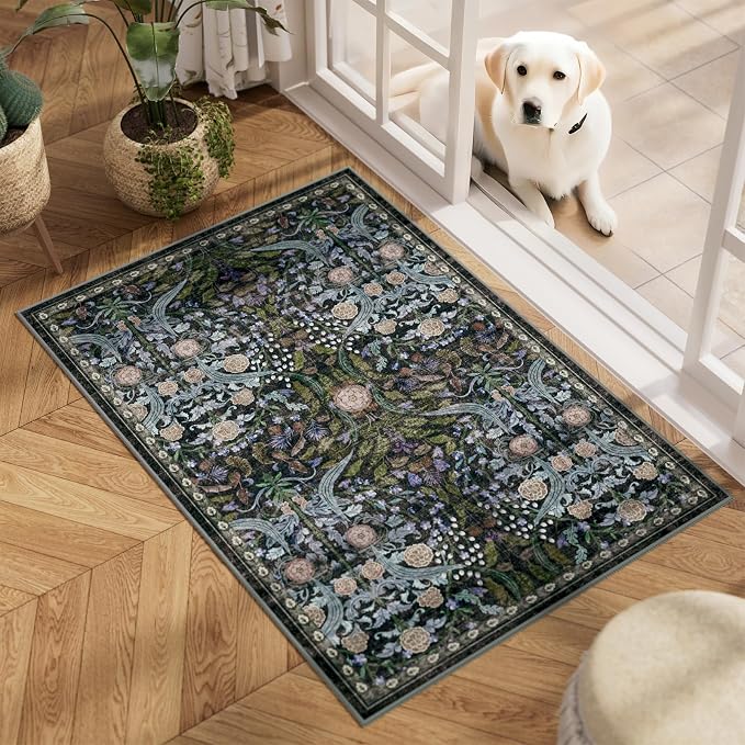 AMTOVO 2x3 Washable Entryway Area Rug Door Mat, Vintage Boho Floral Distressed Print Non-Slip Carpet, Small Throw Rug for Indoor Entrance Kitchen Bedroom Bathroom Laundry Floor, Black