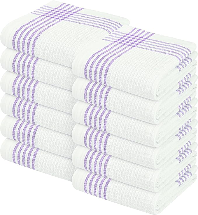 Waffle White & Lavender Kitchen Dish Towels 12 Pack, 100% Cotton, 16"x26", Thick Hand Towel for Drying Dishes, Quick Dry Washcloths, Perfect for Bar, Cooking, Serving, Cleaning