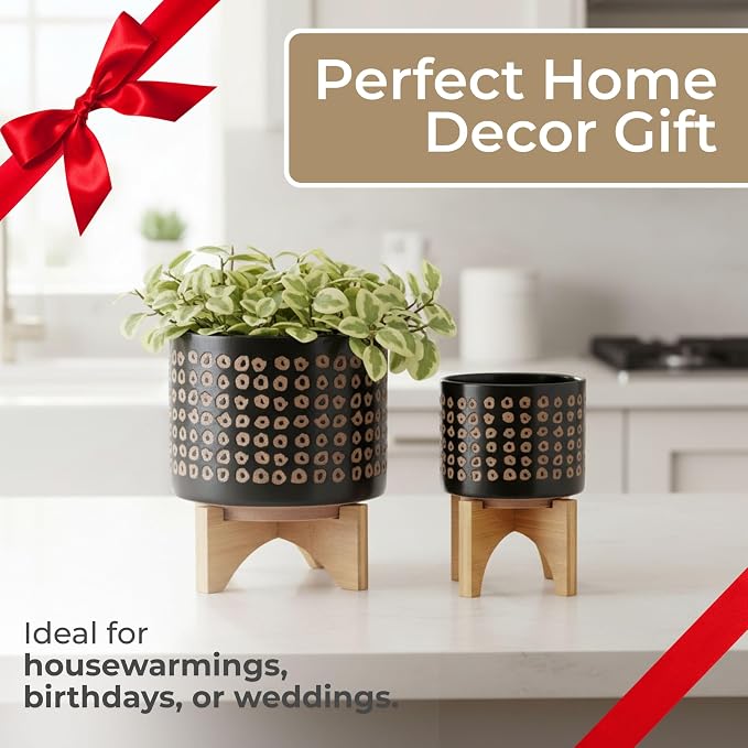 Set of 2 Ceramic Planters with Bamboo Stand Plant – Plant Stand Indoor Display Greenery, Living Room & Outdoor Decor – Aztec Pattern Planters for Collected Home Decor – 10.5" & 7.75"– Brown Black