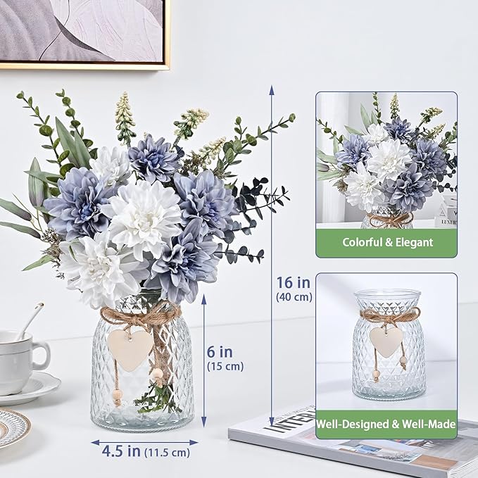 MARTINE MALL Fake Flowers in Vase, Faux Flowers in Vase, Dahlia Artificial Flowers in Vase Centerpiece Table Decorations Artificial Flower Arrangement for Home Dining Room Office Farmhouse, Blue