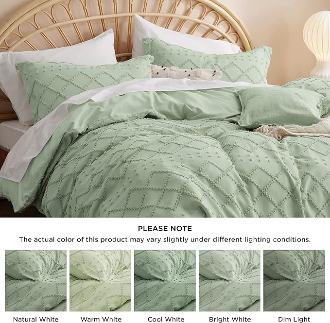 Bedsure Boho Duvet Cover Queen Size - Sage Green Breathable & Soft Boho Bedding, Machine Washable Comforter Cover for All Seasons, Includes 1 Duvet Cover 90"x90" with 2 Pillow Shams & Zipper Closure