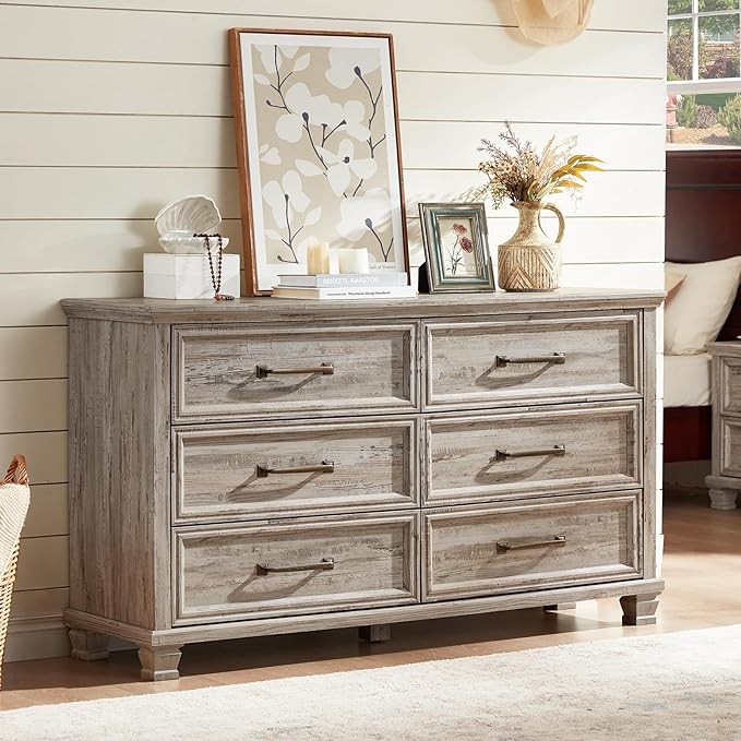 Farmhouse 6 Drawer Dresser for Bedroom, 54 inch Wide Large Vintage Chest of Drawers with Square Solid Wood Legs, Rustic TV Stand for Living Room, Wooden Storage Dressers for Hallway, Grey