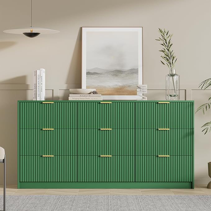 Green Dresser for Bedroom, Modern Dresser with 9 Drawers and Smooth Slides, Wide Chest of Drawers with Golden Handles for Bedroom, Living Room, Closet, 15.7" D x 63" W x 31.5" H