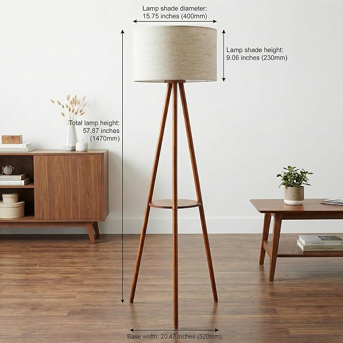 Modern Floor Lamp with White Drum Shade, Wood and Metal Construction, Adjustable Height, for Living Room, Bedroom, Office