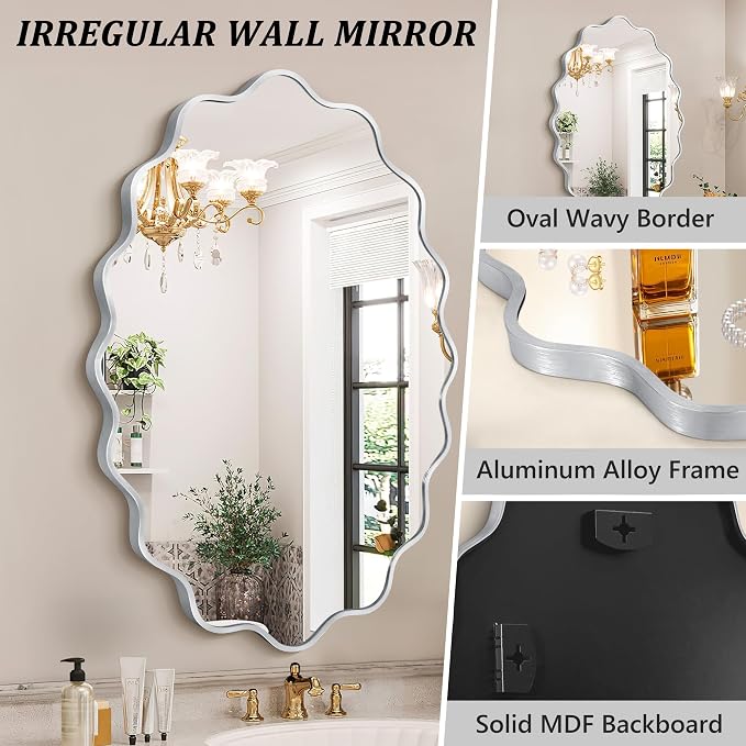 Oval Wavy Wall Mirror -Irregular Wall Mirror with Silver Asymmetrical Aluminum Alloy Frame,22"x30" Decorative Wall Mirrors for Bathroom, Bedroom, Living Room, Dining Room，Entryway