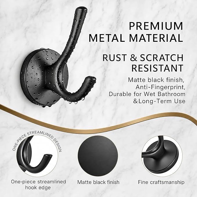 Towel Hooks-Coat Robe Hooks-Heavy Duty Metal Double Bathrobe Hook-Black Towel Hooks for Bathrooms-Kitchen Closet Garage（4Pcs Black）