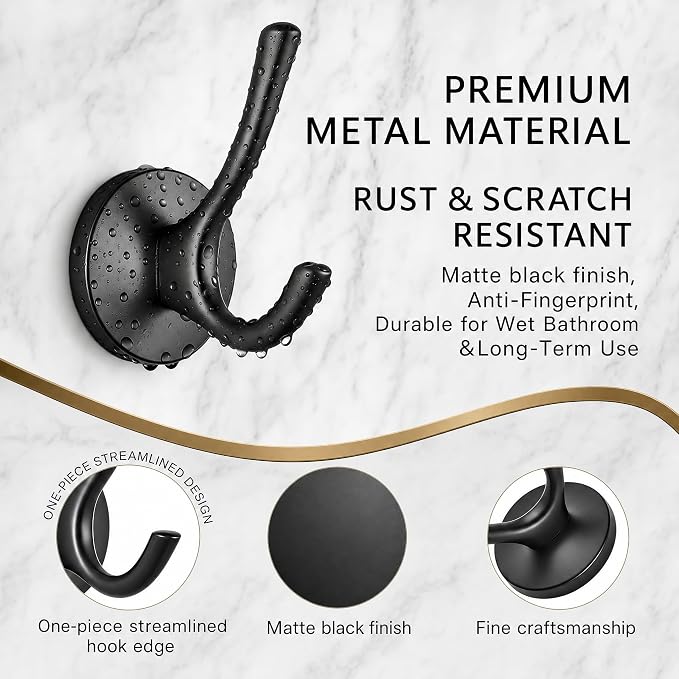 Towel Hooks-Coat Robe Hooks-Heavy Duty Metal Double Bathrobe Hook-Black Towel Hooks for Bathrooms-Kitchen Closet Garage（2Pcs Black）