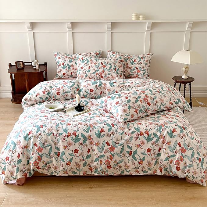 EAVD Red Floral Duvet Cover King Soft 100% Cotton Garden Floral Leaves Botanical Bedding Set with 2 Pillowcases Chic Shabby Vintage Floral Comforter Set with Zipper Closure