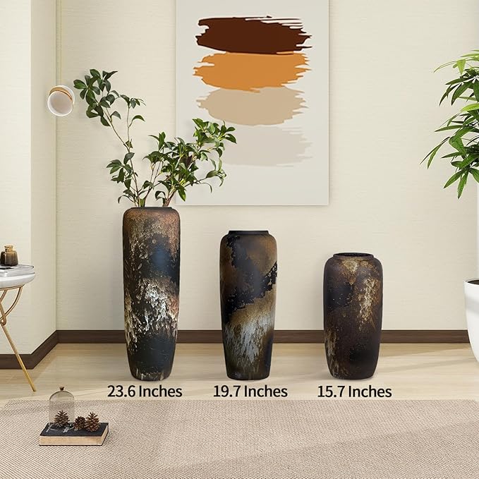 Black Rustic Ceramic Tall Floor Vase, 19.7 Inch Vintage Large Farmhouse Vase Pottery Clay Terracotta Rustic Vases for Home Decor Living Room Entryway Table Centerpieces,Kitchen,Housewarming Gifts