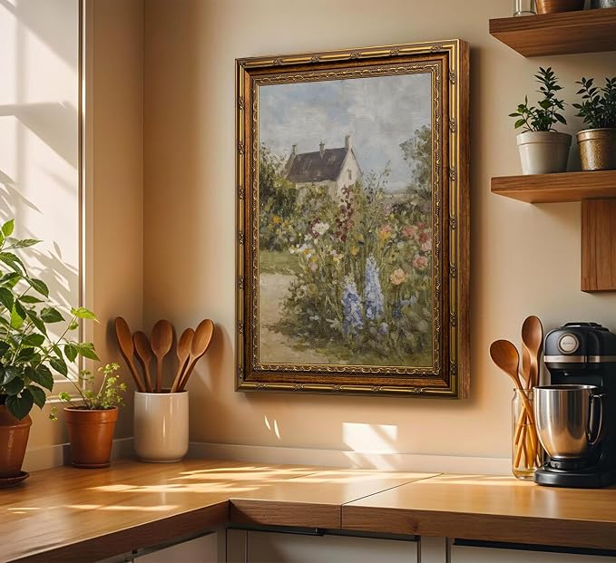 Vintage Gold Framed Spring Rustic Wildflower Wall Art Farmhouse Wildflower Wall Decor Countryside Nature Flower Landscape Poster Pictures Rustic Flower Print artwork for Farmhouse Kitchen Bedroom
