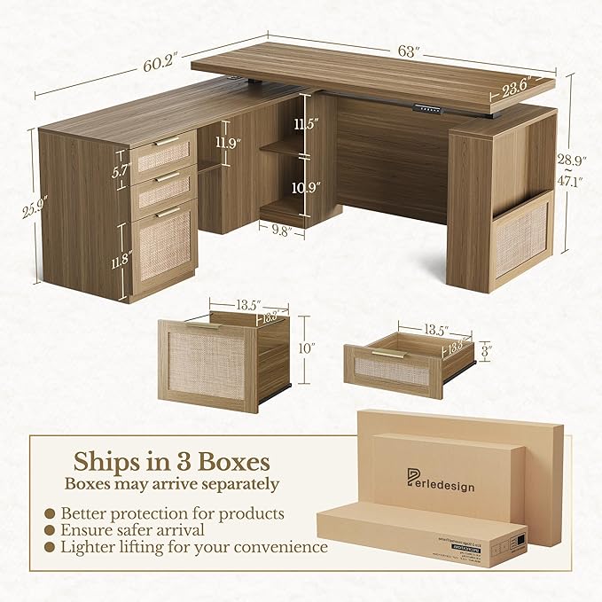63 Inches L Shaped Standing Desk, Executive Standing Desk with Drawers and File Cabinet, AC/USB, 1.18" Desktop, Multi-Sized Storage Cubby, Privacy Panel, Rattan Computer Desk, Natural Oak