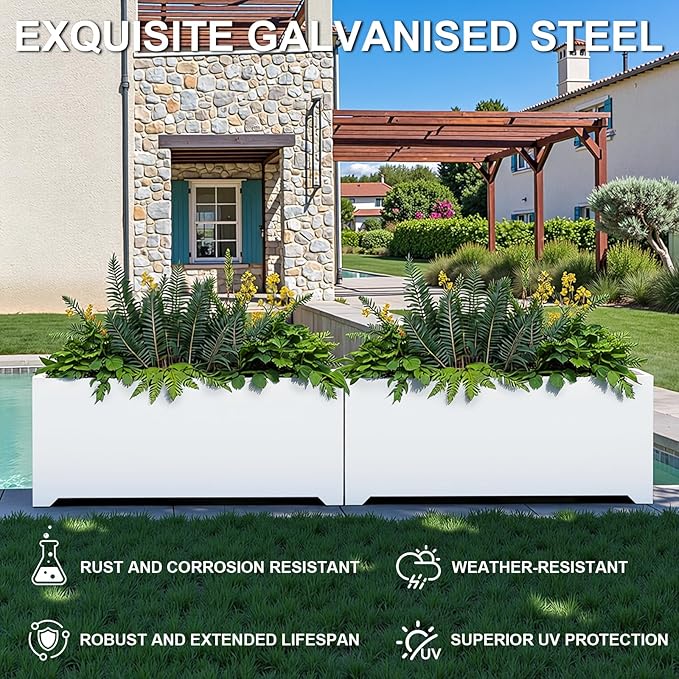 Metal Large Rectangular Planter 32" L x 15" W x 15" H,- Long Planter Box with 6 Drainage Holes & Raised Bottom, White Planter Boxes Outdoor Modern Design for Patio, Garden, Porch