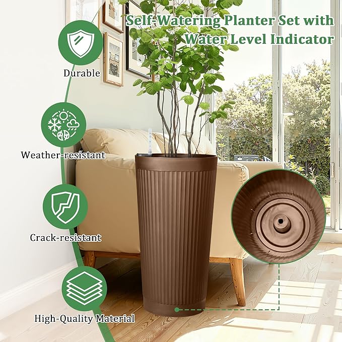 Set of 2 Tall Self-Watering Planters, 24" Large Planters with Water Level Indicator for Indoor & Outdoor Plants, Modern Planters for Garden, Patio, Balcony, Porch, Terracotta