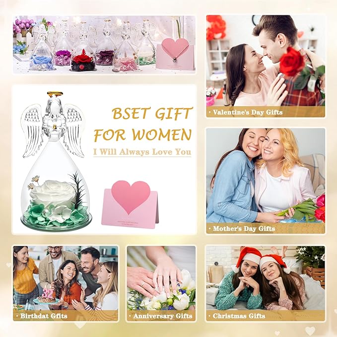 ANWEAO Mom Birthday Flowers Gifts for Mom,Glass Angel Figurines Preserved Real Rose with I Love You Necklace in 100 Languages, Valentines Rose Gifts for Women,Gifts for Her Grandma Unique Flower Gift