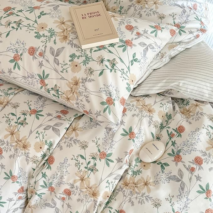 EAVD Garden Style Botanical Floral Duvet Cover Queen Soft 100% Cotton Chic Cute Floral Leaves Pattern Bedding Set with 2 Pillowcases Fresh Botanical Comforter Cover with Zipper Closure