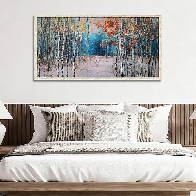 Ardemy Landscape Canvas Wall Art for Living Room Blue Forest Painting White Birch Tree Scenery Picture Modern Green Nature Artwork Bedroom Home Office Wall Decor, Large Size Wood Framed 48"x24"