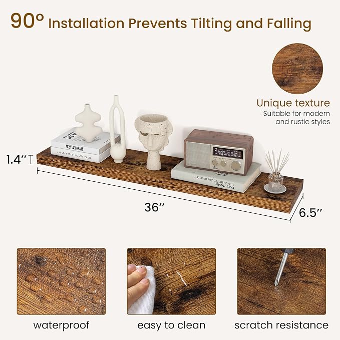 Dreamland 36Inch Floating Shelves for Wall, Rustic Wooden Floating Shelves for Bathroom|Bedroom|Kitchen, 2 Pack Deep Wall Mounted Book Shelf, Wood Storage Display Shelf for Home Decor, Brown