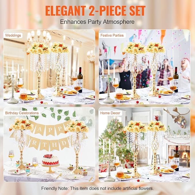VEVOR Metal Wedding Centerpiece Gold,Crystal,2PCS 55cm/21.65”