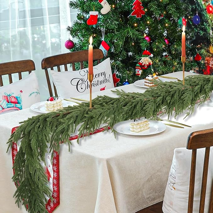 6 Ft Christmas Norfolk Pine Garland Real Touch Artificial Faux Greenery Christmas Garland Decorations for Home Mantle Table Stairs Fireplace Door Indoor Outdoor Holiday Decor