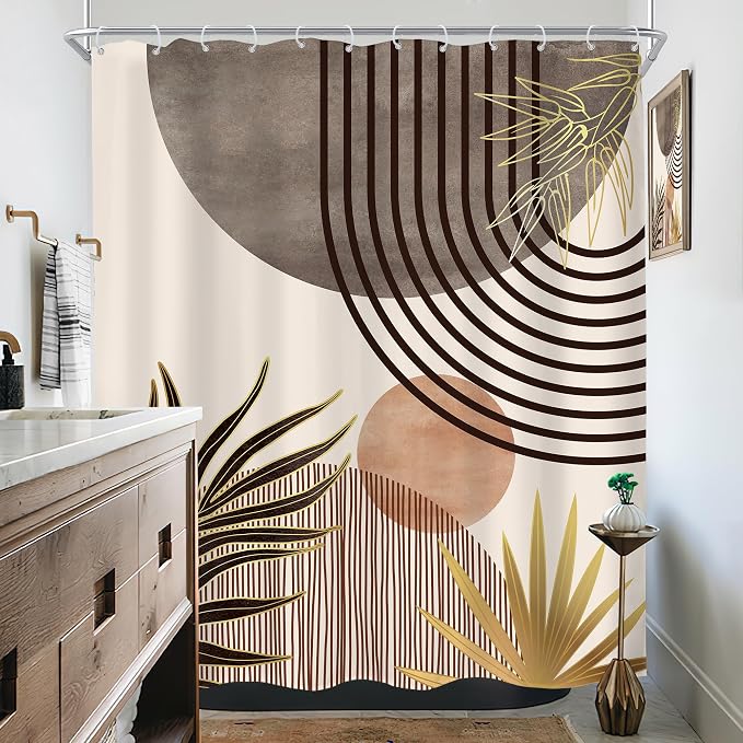 KOMLLEX Mid Century Boho Shower Curtain for Bathroom Decor Abstract Grey Modern Minimalist Brown Aesthetic Sun Arch Curve Leaves Geometric Neutral Fabric Waterproof Polyester 12 Pack Hook 60Wx72H