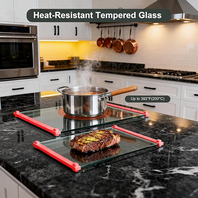 2PCS Glass Cutting Board with Silicone Grip, 80% Stronger Shatter Resistance and Slip Resistance,No Scratches/Microplastic-Free,Dishwasher Safe, Non Toxic Chopping Board for Kitchen (Red)
