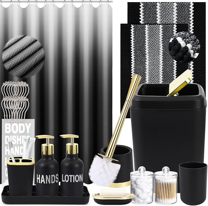 XLHOMO 25PCS Black Bathroom Accessories Sets Complete, with Shower Curtain, Rugs, Trash Can and Toilet Brush, Soap Dispenser, Toothbrush Holder and Cup, Soap Dish, Qtip Holder, Bathroom Decor Sets