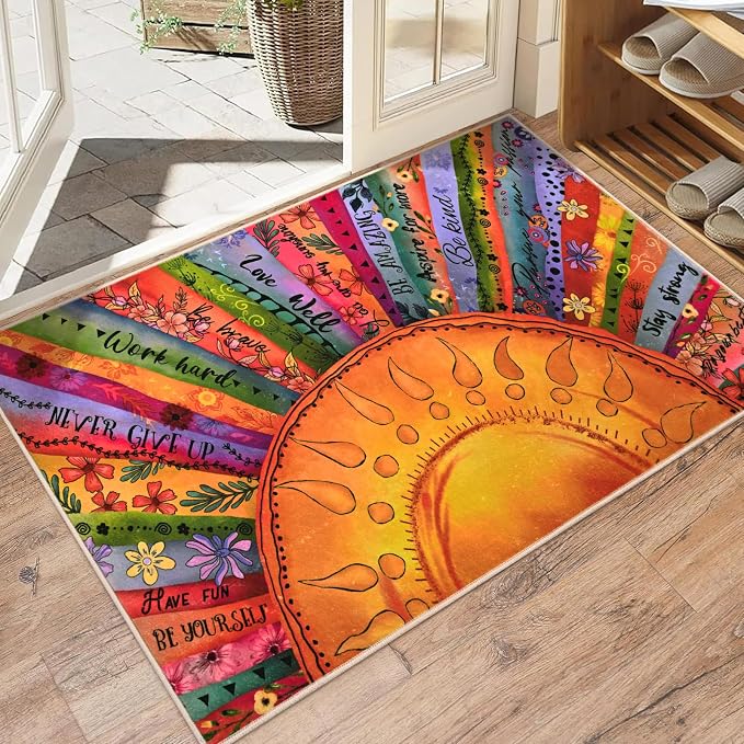 Likiyol Sun Entryway Rug 2x3 Small Rug, Door Mat Indoor Entrance Soft Faux Cashmere Non Slip Rugs for Entryway, Washable Inspirational Throw Rugs Carpet for Entry, Kitchen, Bathroom, Low-Pile