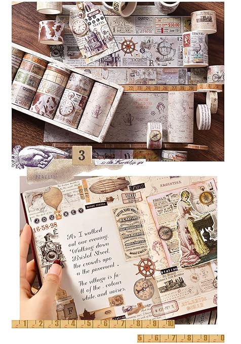 18 Rolls Vintage Washi Tape Set, Newspaper Building Map Retro Masking Tape 5/10/15/20/25/30/50/75mm Wide 6.56ft Long Decorative Scrapbook Tape for journaling, Scrapbooking Supplies, Junk Journal Craft