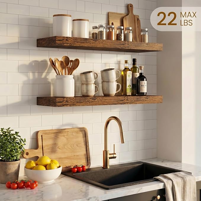 Dreamland Floating Shelves, Rustic Wooden Black Wall Shelves for Bathroom|Bedroom|Kitchen, Deep Wall Mounted Book Shelf, Wood Storage Display Shelf for Home Decor, 22.5" X 6.7" Set of 2