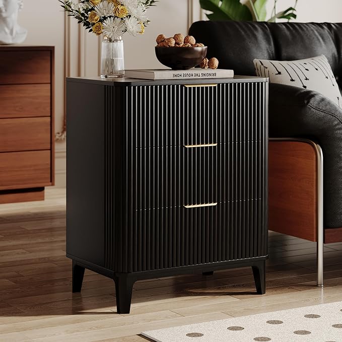 3 Drawer Fluted Dresser for Bedroom, Modern Closet Dressers Chest of Drawers, 23.6" Rustic Wood Nightstand 3-Drawer Dresser Bedside Table, Curved End Table with 3 Large Drawers for Living Room Black