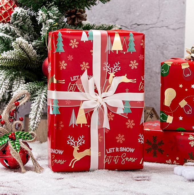 MAYPLUSS Red Christmas Wrapping Paper Rolls - 17" X 120" Per Roll - Vintage Funky Red Deer, Christmas Oranments, and Snowflakes Pattern Holiday Gift Wrap Present Paper for Festive Celebrations