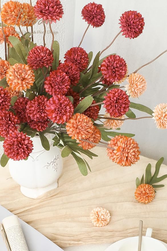 Floroom 9pcs Dark Red Burnt Orange Mix Faux Silk Mums Artificial Flowers, Bulk Fake Small Mini Chrysanthemums with Stems for DIY Wedding Centerpieces Floral Arrangements Vase Fillers Home Decorations