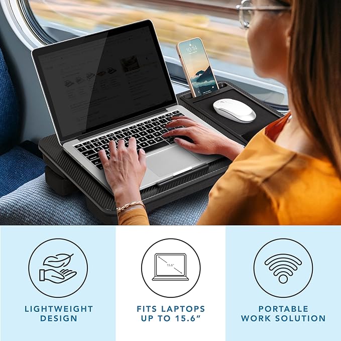 LAPGEAR Large Adjustable Lap Desk – Fits Laptops up to 15.6”, Adjustable Cushion, Memory Foam Wrist Rest, Mouse Pad, Device Ledge, & Phone Slot - Black Carbon - Style No. 88008