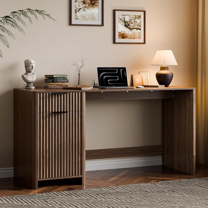 60" Fluted Home Office Desks with Storage, Modern Executive Desk Computer Desk with Drawer & Cabinet, Wood Work Desk for Office, Bedroom, Study, Living Room, Walnut